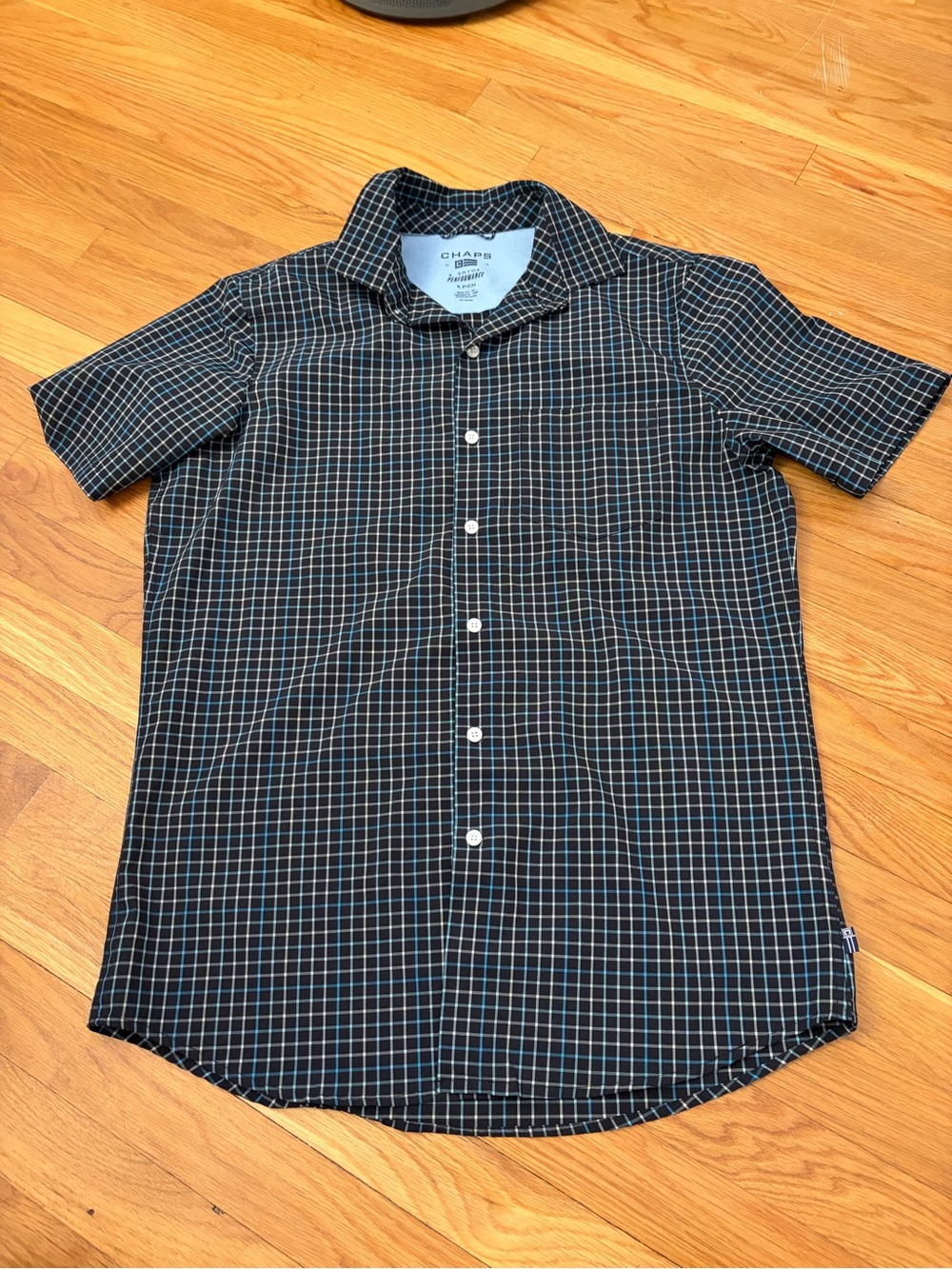 Chaps Men's Black Plaid Short-Sleeve Button-Down Shirt with Blue Accents
